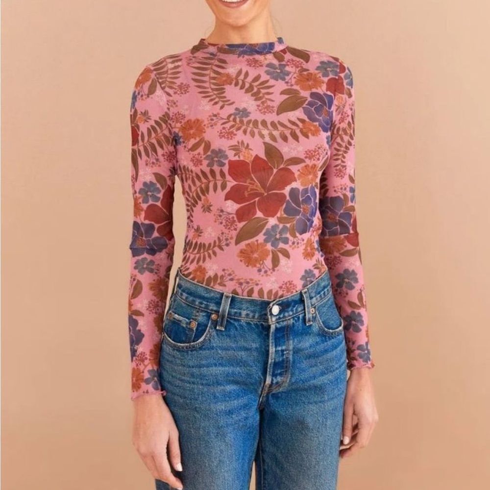 Farm Rio Top Small Womens Floral Tropical Garden Mesh Long Sleeve Mock Neck XS P